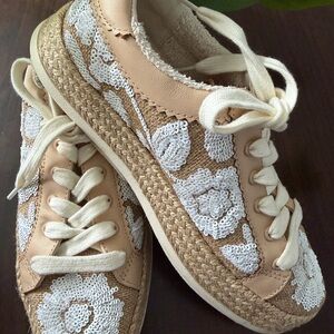 Dolce Vita Beige Espadrille Sneakers with White Sequin Floral Detail